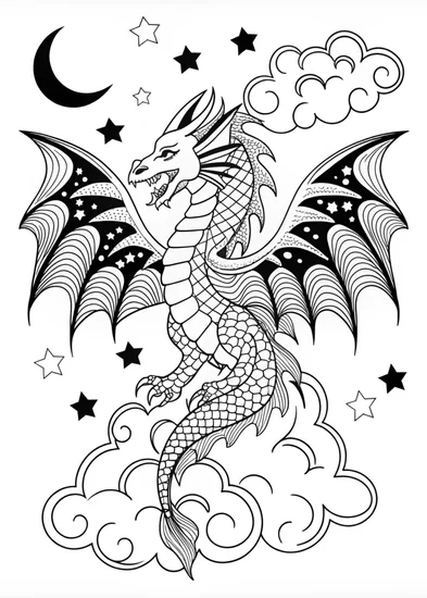A coloring page of Celestial Dragon Under the Stars Coloring Page