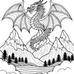 Fierce Dragon Overlooking Mountain Peaks Coloring Page