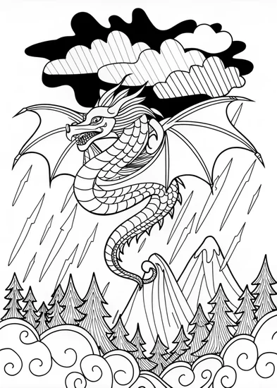 A coloring page of Fierce Dragon Soaring Through the Clouds