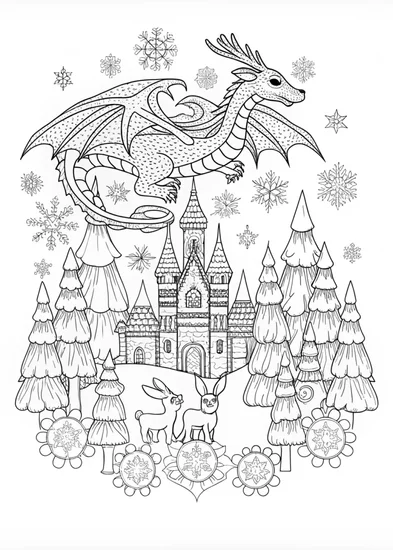 A coloring page of Dragon in the Winter Forest Coloring Page