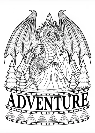 A coloring page of Dragon in the Mountains Coloring Adventure