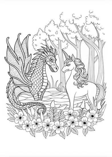 A coloring page of Majestic Dragon Unicorn Coloring Page