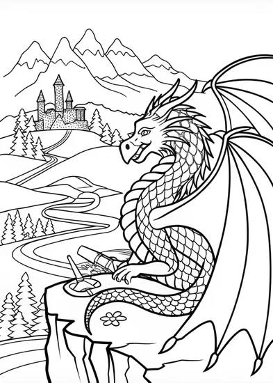 A coloring page of Dragon on the Mountain Coloring Page