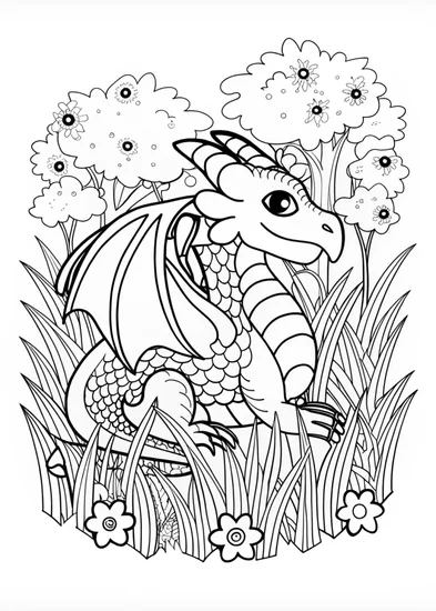 A coloring page of Majestic Dragon Among Floating Lanterns