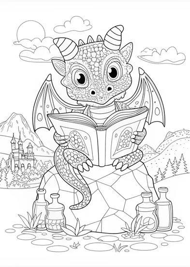 A coloring page of Dragon Scholar: Tales of Wisdom