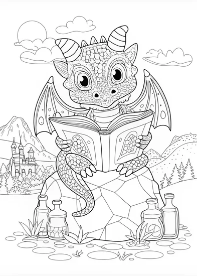 A coloring page of Dragon Scholar: Tales of Wisdom