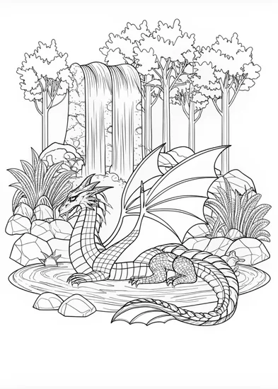 A coloring page of Majestic Dragon by the Waterfall