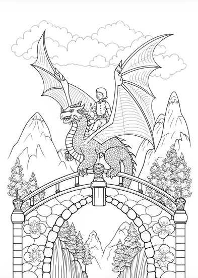 A coloring page of Dragon Over the Bridge Coloring Page
