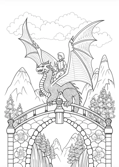 A coloring page of Dragon Over the Bridge Coloring Page