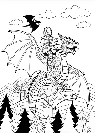 A coloring page of Fierce Dragon in Mountain Landscape Coloring Page