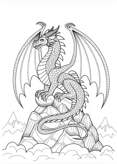 A coloring page of Dragon on the Mountain Peak Coloring Page
