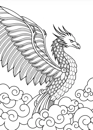 A coloring page of Dragon Soaring Through the Clouds Coloring Page