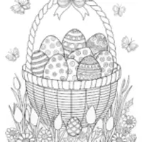 Easter Basket with Patterned Eggs and Flowers Coloring Page