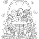 Easter Basket with Patterned Eggs and Flowers Coloring Page