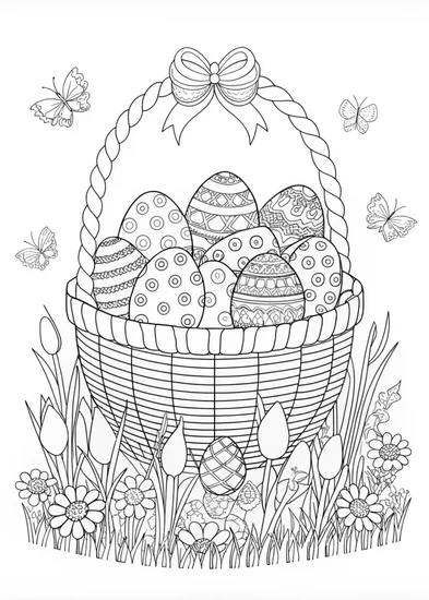 A coloring page of Easter Basket with Patterned Eggs and Flowers Coloring Page