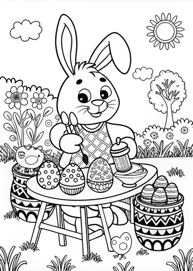A coloring page of Easter Bunny Painting Eggs