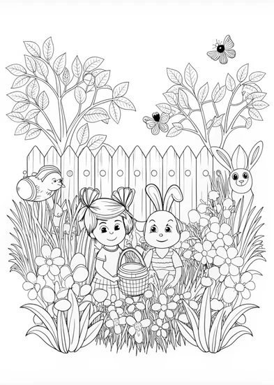 A coloring page of Easter Egg Hunt Adventure in the Garden with Friends