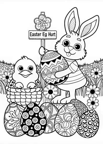 A coloring page of Easter Fun with Bunny and Chick