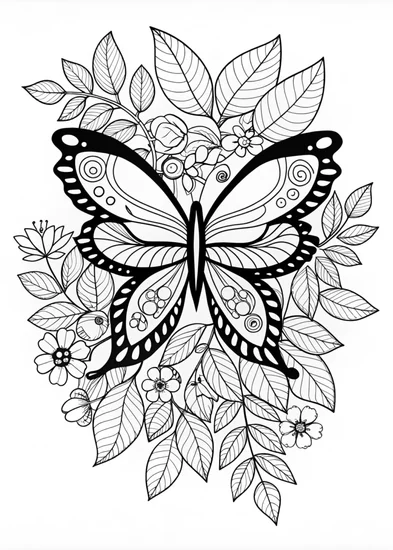 A coloring page of Elegant Butterfly on Leaves Coloring Page