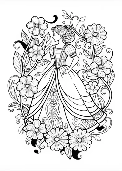 A coloring page of Elegant Floral Princess Coloring Page