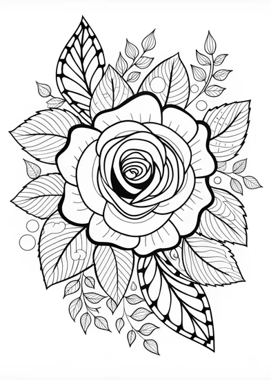 A coloring page of Elegant Rose with Detailed Leaves Coloring Page