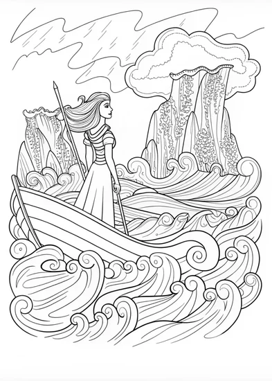 A coloring page of Elsa Walking on Water under a Full Moon