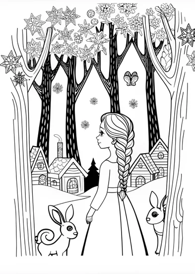 A coloring page of Elsa in the Enchanted Forest Coloring Page