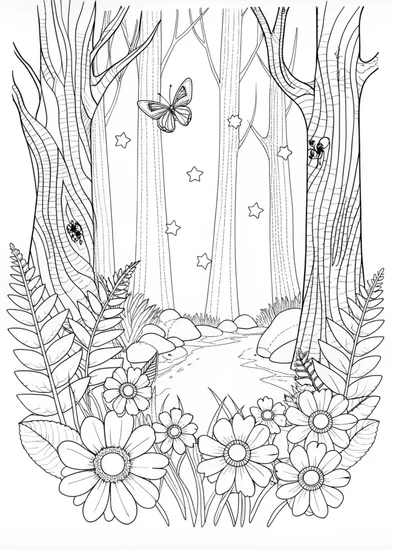 A coloring page of “Enchanted Forest with Butterfly”