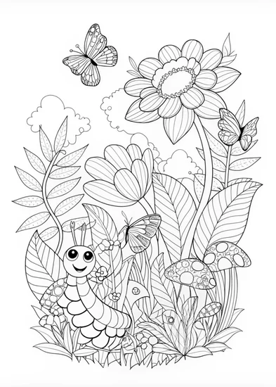 A coloring page of Enchanted Garden with Crawly Caterpillar