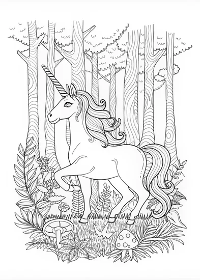 A coloring page of Magical unicorn in a mystical glade