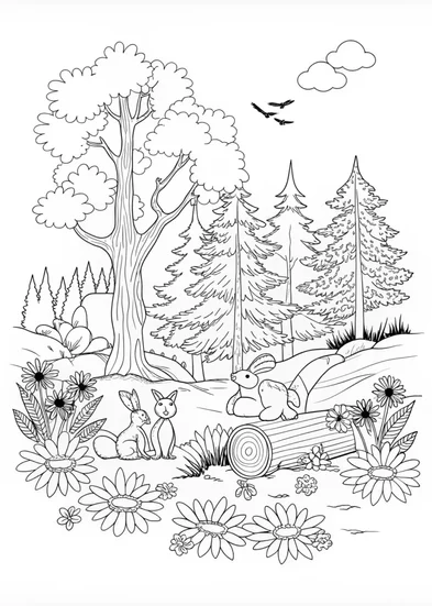 A coloring page of Enchanting Woodland Scene
