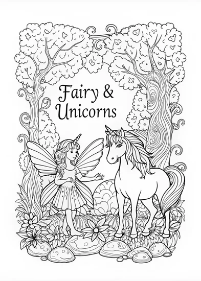 A coloring page of Fairy and Unicorn’s Magical Encounter