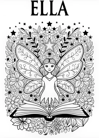 A coloring page of Fairy Ella and Her Enchanted Spell Book