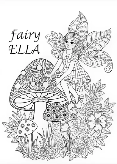 A coloring page of Fairy Ella on a Mushroom Adventure