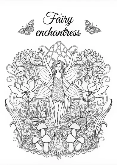 A coloring page of Fairy Enchantress in a Magical Garden