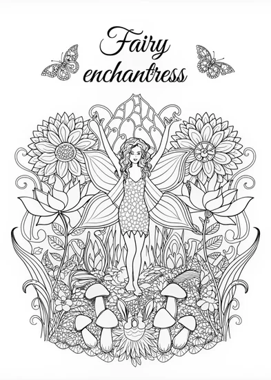 A coloring page of Fairy Enchantress in a Magical Garden