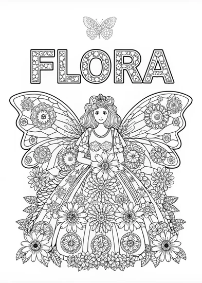 A coloring page of Fairy Flora’s Enchanted Flower Dress
