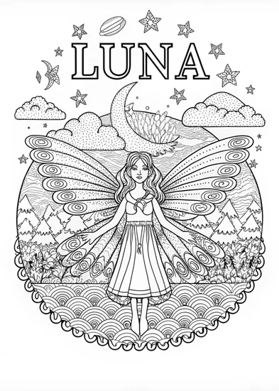 A coloring page of Fairy Luna’s Enchanted Night Flight