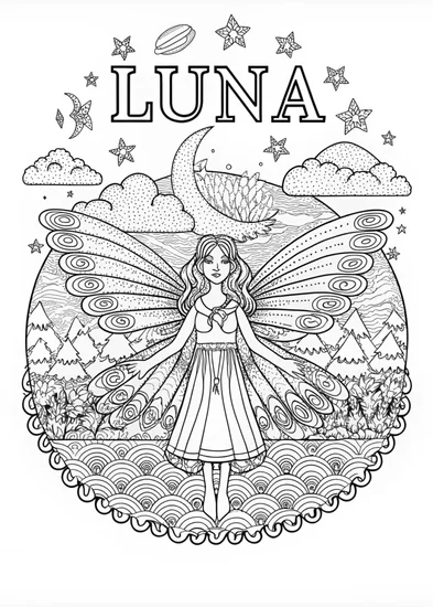 A coloring page of Fairy Luna’s Enchanted Night Flight