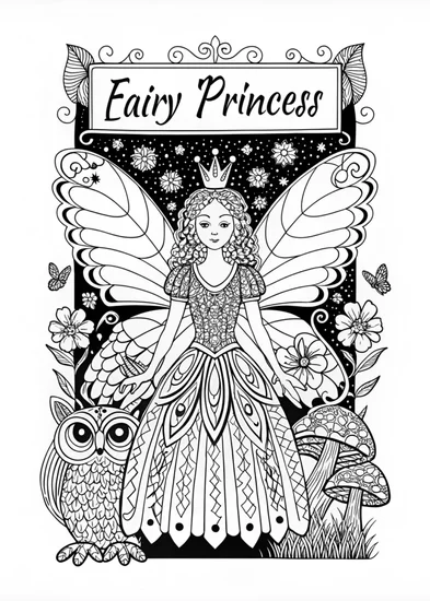 A coloring page of Fairy Princess with Her Owl Companion