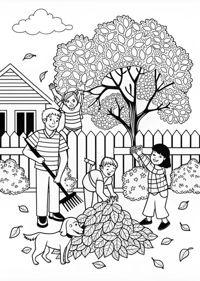 A coloring page of Family Fun Raking Leaves