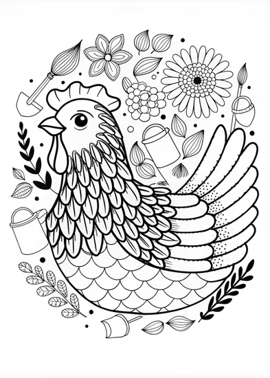 A coloring page of Fancy Feathers Fun: Color the Detailed Chicken!