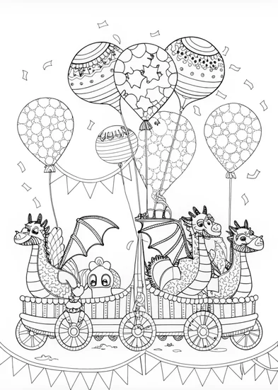 A coloring page of Fantasy Parade with Dragons and Balloons