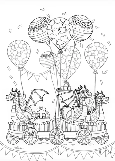 A coloring page of Fantasy Parade with Dragons and Balloons