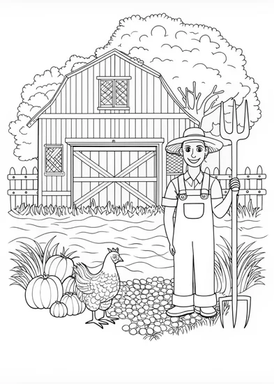A coloring page of Farmer and Chicken on the Farm