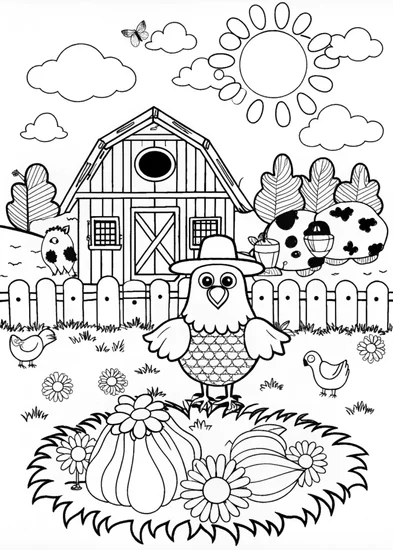 A coloring page of “Farmyard Scene with Henny the Hen”