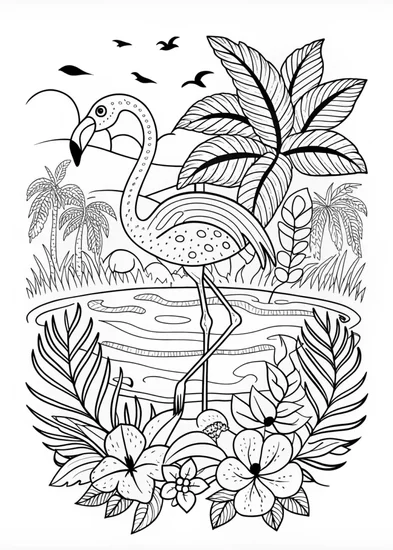 A coloring page of Flamingos by the Water