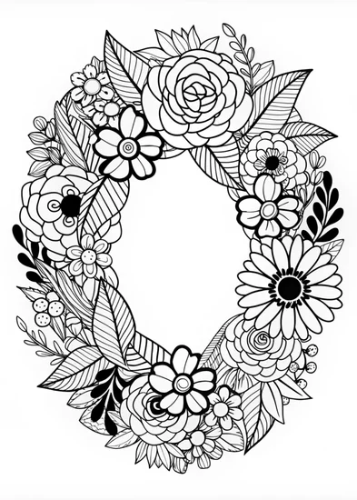 A coloring page of Floral Wreath Coloring Page