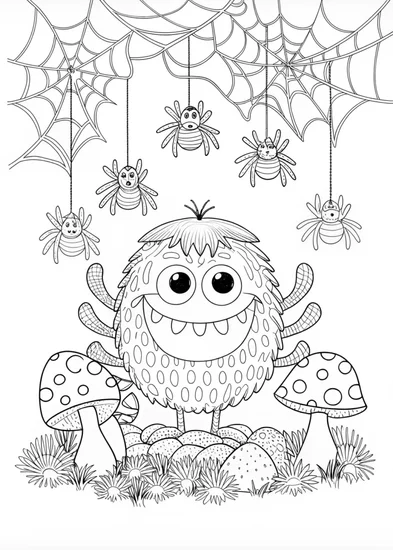 A coloring page of Friendly Monster and Spiders Coloring Fun