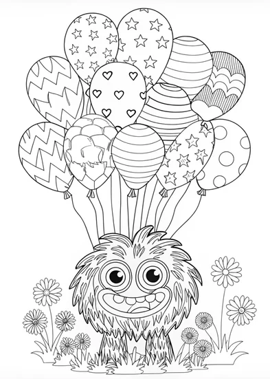 A coloring page of Furry Monster and Balloon Coloring Page